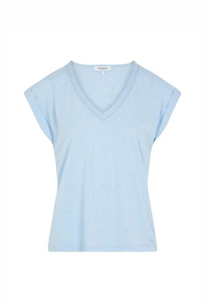Lichtblauw kortermig shirt met V-hals en subtiele opgerolde mouwen, maat S van Morgan.