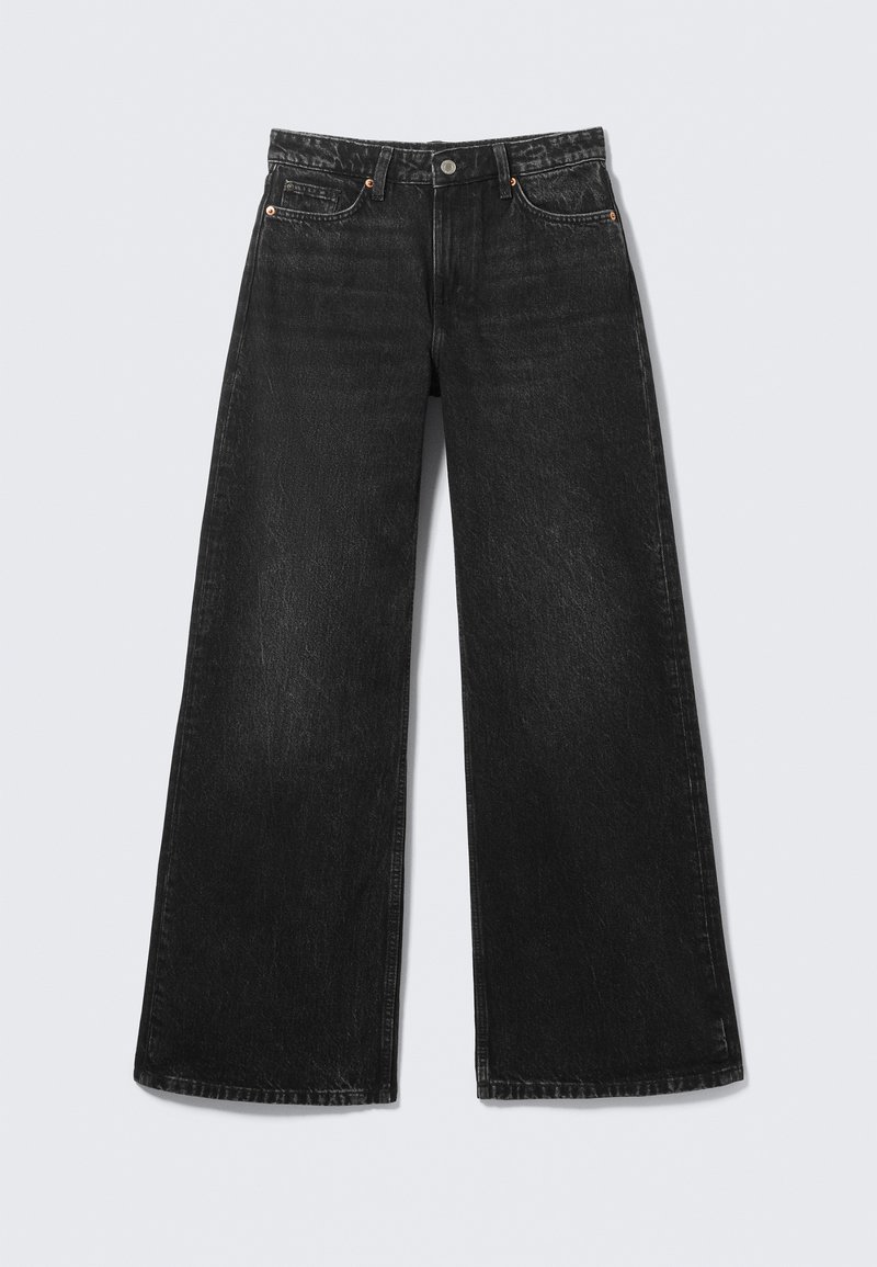 Wide-leg black denim jeans with a faded finish, five-pocket design, metal button closure, and visible stitching detail.