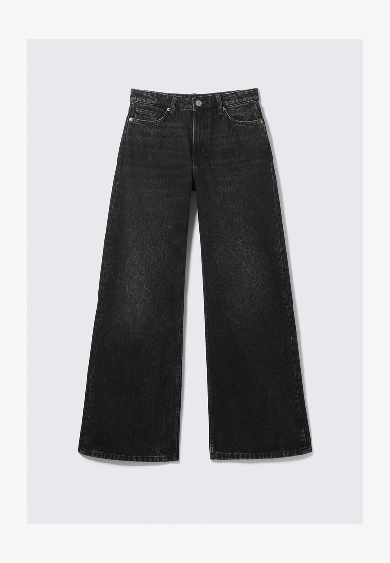 Wide-leg black denim jeans with a faded finish, five-pocket design, metal button closure, and visible stitching detail.