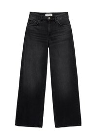 Jean noir à jambes larges en denim, doté d'une taille haute, de cinq poches et d'une fermeture classique à boutons. Texture subtilement délavée sur le tissu.