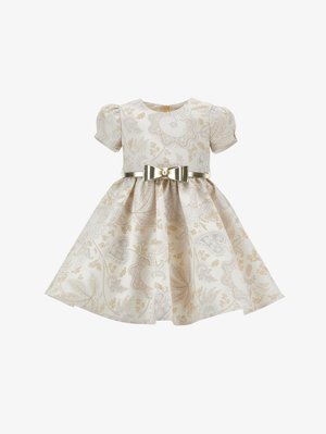 Vestito corto per bambini con maniche a sbuffo, motivo floreale crema e oro, e cintura a fiocco metallico dorato in vita.