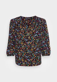 Blouse noire à fleurs avec un col en V, manches bouffantes trois-quarts et un motif floral éclatant en jaune, rouge, violet et vert.