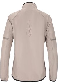 Light beige jacket with a high collar, made of lightweight fabric. Features perforated back, reflective accents on sleeves, and elastic cuffs.