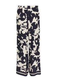 Blumenmuster-Hosen mit weitem Bein in Marineblau und Creme, aus leichtem Stoff gefertigt, mit glatter Textur und elastischem Bund.