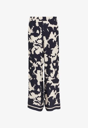 Floral wide-leg pants featuring a navy and cream print, made from lightweight fabric, with a smooth texture and an elastic waistband.