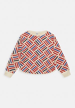 Creméfarbiges Langarmshirt mit geometrischem diagonalem Quadratmuster, das rote, blaue und schwarze Streifen sowie gerippte Bündchen aufweist.