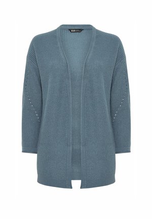 Cardigan a maglia in blu-grigio morbido. Presenta un'apertura frontale, maniche a tre quarti e motivi testurizzati lungo le maniche per un tocco di dettaglio.