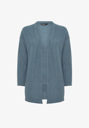 Strickjacke in sanftem Blau-Grau. Verfügt über eine offene Vorderseite, drei Viertelärmel und strukturierte Muster entlang der Ärmel für Details.