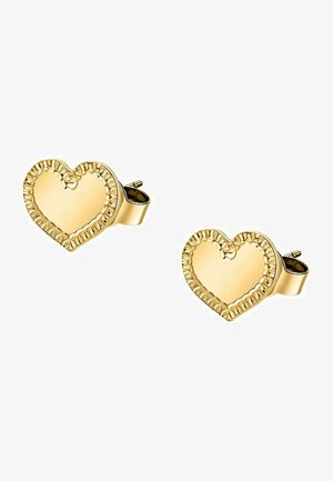 Goldene, herzförmige Ohrstecker mit einem strukturierten, gewellten Rand. Mit einem polierten Zentrum und einem Steckverschluss für sicheren Halt ausgestattet.