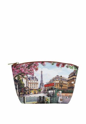 Borsetta cosmetica con una scena parigina che presenta fiori di ciliegio, la Torre Eiffel e un insegna della metropolitana. Realizzata in tessuto con chiusura a cerniera.
