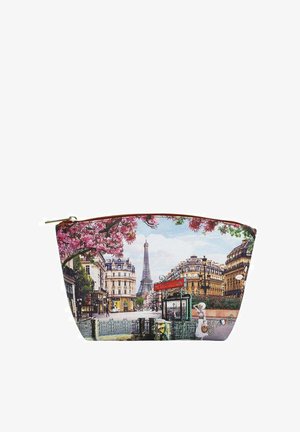 Borsetta cosmetica con una scena parigina che presenta fiori di ciliegio, la Torre Eiffel e un insegna della metropolitana. Realizzata in tessuto con chiusura a cerniera.