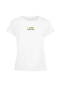 White cotton t-shirt featuring a multicolored, dripping "LOVE" text design on the front. Short sleeves and a crew neck.