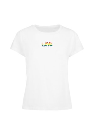 T-shirt en coton blanc avec un design de texte "LOVE" multicolore dégoulinant sur le devant. Manches courtes et col rond.