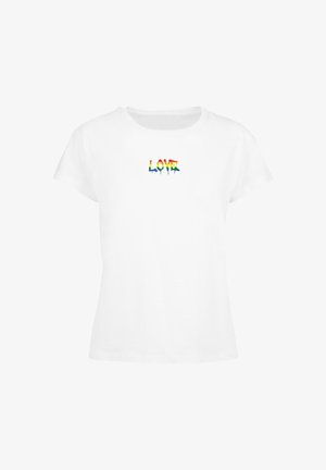 T-shirt en coton blanc avec un design de texte "LOVE" multicolore dégoulinant sur le devant. Manches courtes et col rond.