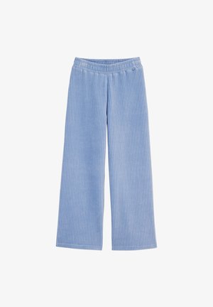 Vaaleansiniset corduroy-housut, joissa on leveä lahjerakenne. Pystyribattu rakenne, joustava vyötärö ja ei näkyviä taskuja tai koristeita.