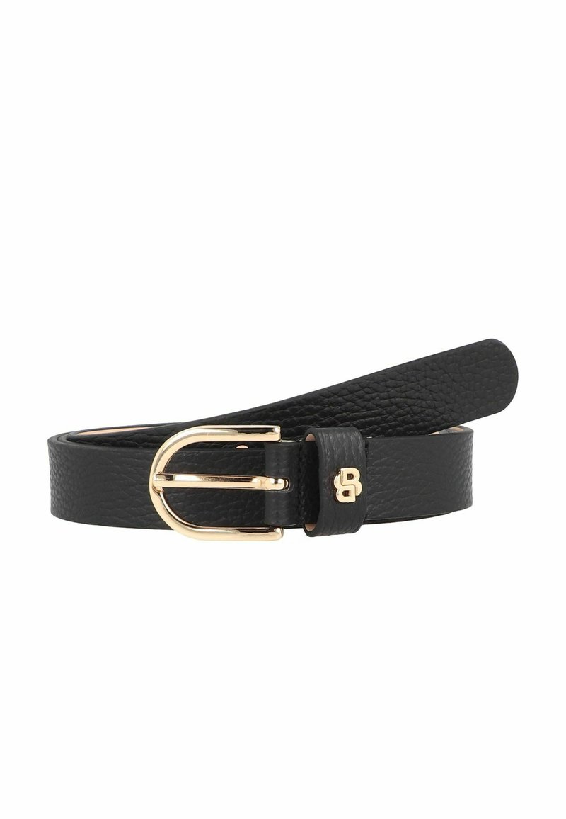 Cinturón de cuero negro con un acabado texturizado, que presenta una hebilla de metal en tono dorado y un pequeño detalle de logotipo en la correa.