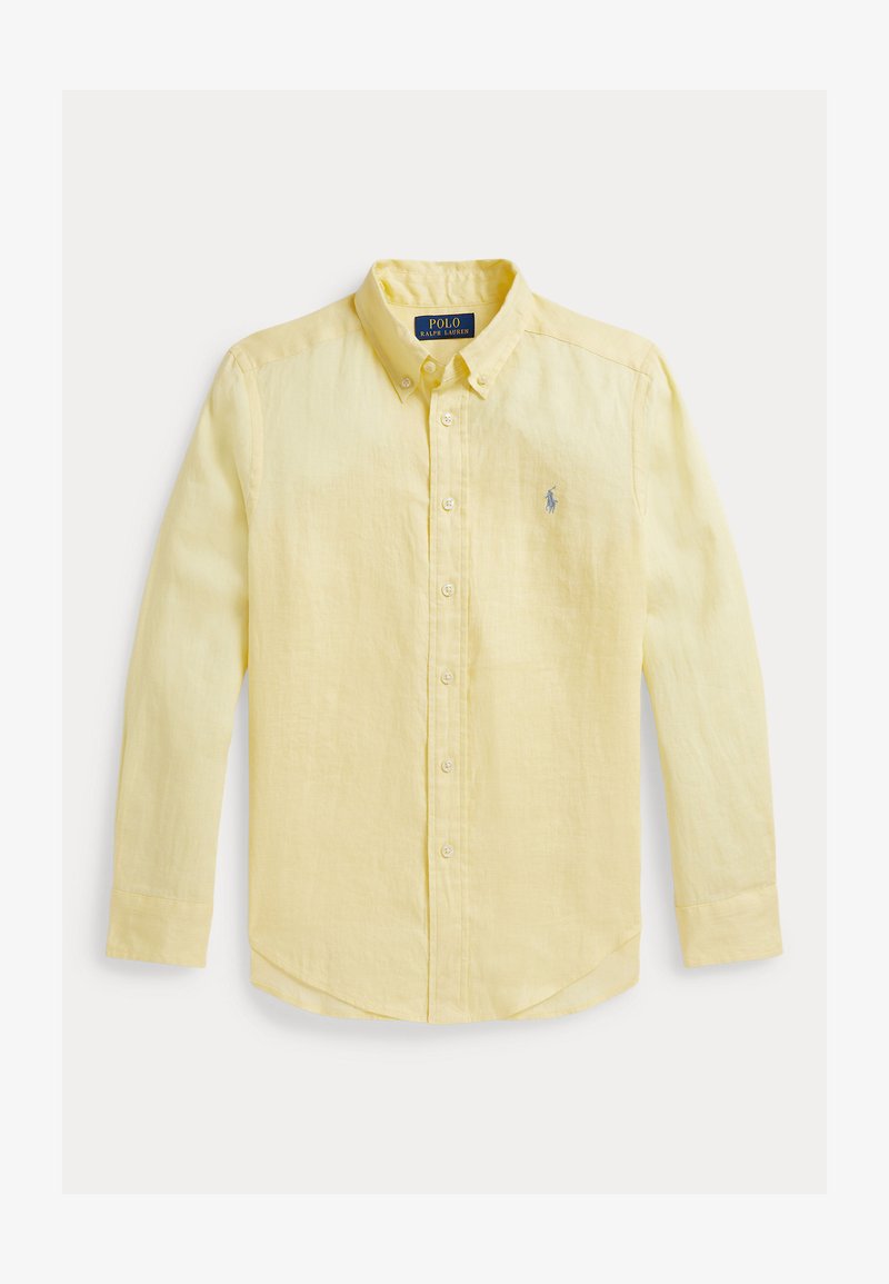 Gelbes langärmeliges Hemd aus leichtem Stoff mit Knöpfen. Verfügt über einen klassischen Kragen, Knöpfe an der Vorderseite und ein gesticktes Logo auf der Brust.