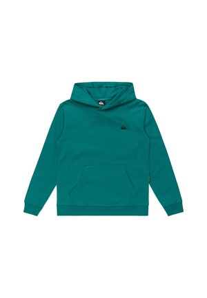 Sweat à capuche teal en tissu doux, avec une poche kangourou, une capuche ajustable et un petit logo sur la poitrine. Poignets et ourlet côtelés.