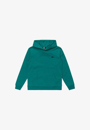 Türkise Kapuzenjacke aus weichem Stoff mit einer Kängurutasche, verstellbarem Kapuzenzug und kleinem Logo auf der Brust. Gerippte Bündchen und Saum.