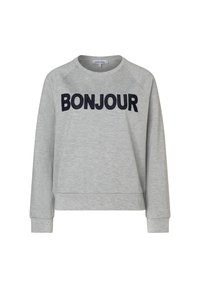 Hellgraues Langarm-Sweatshirt mit schwarzem, gesticktem "BONJOUR"-Text auf der Brust, Rundhalsausschnitt und gerippten Bündchen sowie Saum.