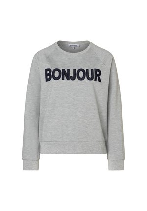 Hellgraues Langarm-Sweatshirt mit schwarzem, gesticktem "BONJOUR"-Text auf der Brust, Rundhalsausschnitt und gerippten Bündchen sowie Saum.