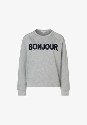 Hellgraues Langarm-Sweatshirt mit schwarzem, gesticktem "BONJOUR"-Text auf der Brust, Rundhalsausschnitt und gerippten Bündchen sowie Saum.