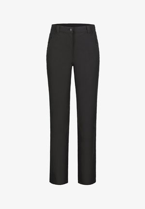 Black pants made of lightweight fabric, featuring a straight leg design, side zip pockets, and a button closure at the waist.