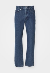 Mørkeblå denimjeans med rette ben, fem lommer, metallknappelukking og subtilt falmet tekstur.
