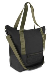 Schwarze Tragetasche aus strapazierfähigem Stoff mit olivgrünen Trägern. Mit einer Reißverschlusstasche auf der Vorderseite und einem strukturierten unteren Bereich.