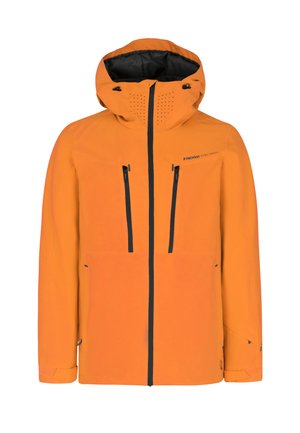 Helle orange wasserdichte Jacke mit Kapuze, schwarzen Reißverschlüssen und Belüftungsöffnungen. Verfügt über zwei Brusttaschen und verstellbare Bündchen.