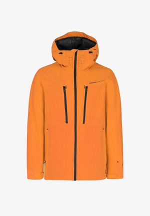 Lys orange vandtæt jakke med hætte, sorte lynlåse og ventilationshuller. Har to brystlommer og justerbare manchetter.