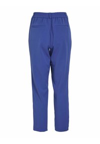 Pantalons légers bleus avec une taille élastique, deux poches arrière et une coupe droite. Tissu lisse avec une finition mate.