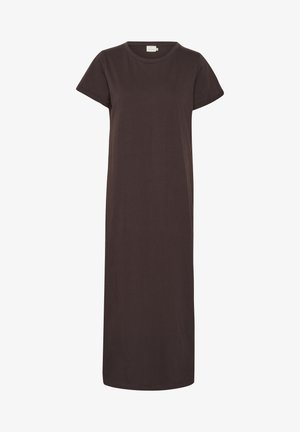 Dark brown, ankle-length dress made of soft cotton. Features a round neckline and short sleeves with a relaxed, straight silhouette.