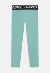 Leggings Nike Pro, vert menthe, avec une ceinture élastique noire avec le logo "NIKE PRO", texture lisse et design ajusté. Détail de poche arrière.
