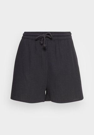 Musta, tekstureeritud lühikesed püksid elastse vöökoha ja reguleeritava nööriga. Kerge kangas; lõdvema lõikega, niidi pikkus kuni mid-thigh.