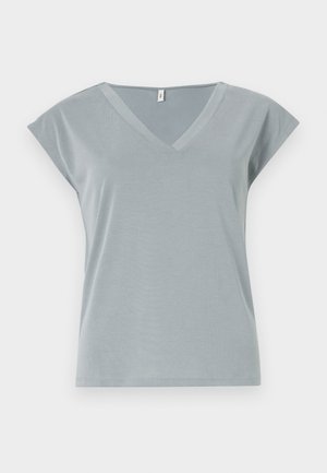 Gray v-neck t-shirt with short cap sleeves, made of a soft fabric that stretches slightly, featuring a relaxed fit and minimal stitching details.