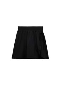 Falda negra de corte holgado, con cinturilla elástica y cordón ajustable. La tela parece suave con un diseño fluido y sin patrones visibles.