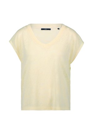 Lichtgele T-shirt met korte mouwen en V-hals, gemaakt van zacht stof met een iets losse pasvorm en een minimalistisch ontwerp, met een label op de halslijn.