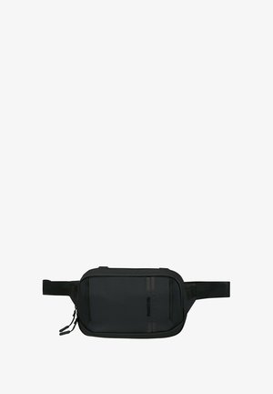 Schwarze Gürteltasche mit rechteckiger Form, aus strapazierfähigem Material gefertigt. Verfügt über ein Reißverschlussfach und einen verstellbaren Tragegurt mit strukturierter Oberflächer.