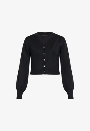 Zwarte cropped cardigan met een V-hals, lange pofmouwen en vijf metalen knopen aan de voorkant. Ribgebreide manchetten en zoom. Gladde textuur.