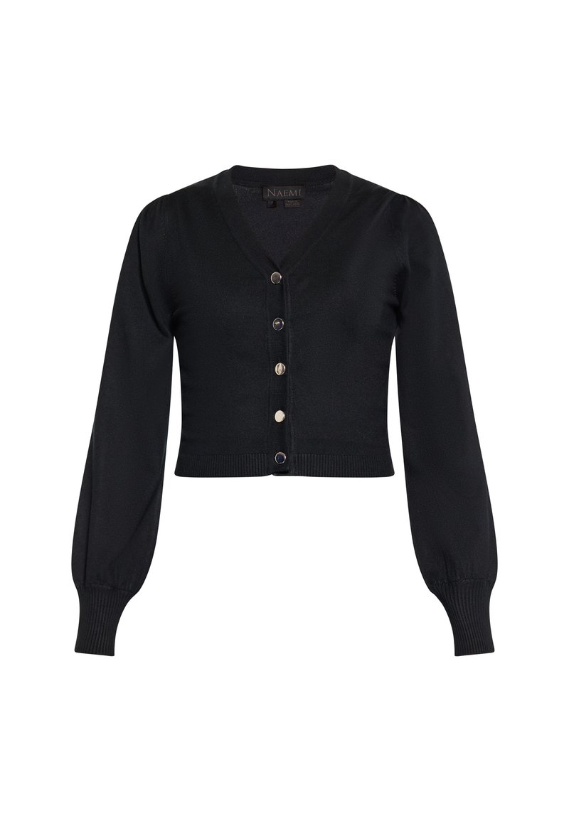 Cardigan corto nero con scollo a V, maniche a sbuffo lunghe e cinque bottoni metallici sul davanti. Polsini e orlo a costine. Tessuto morbido.