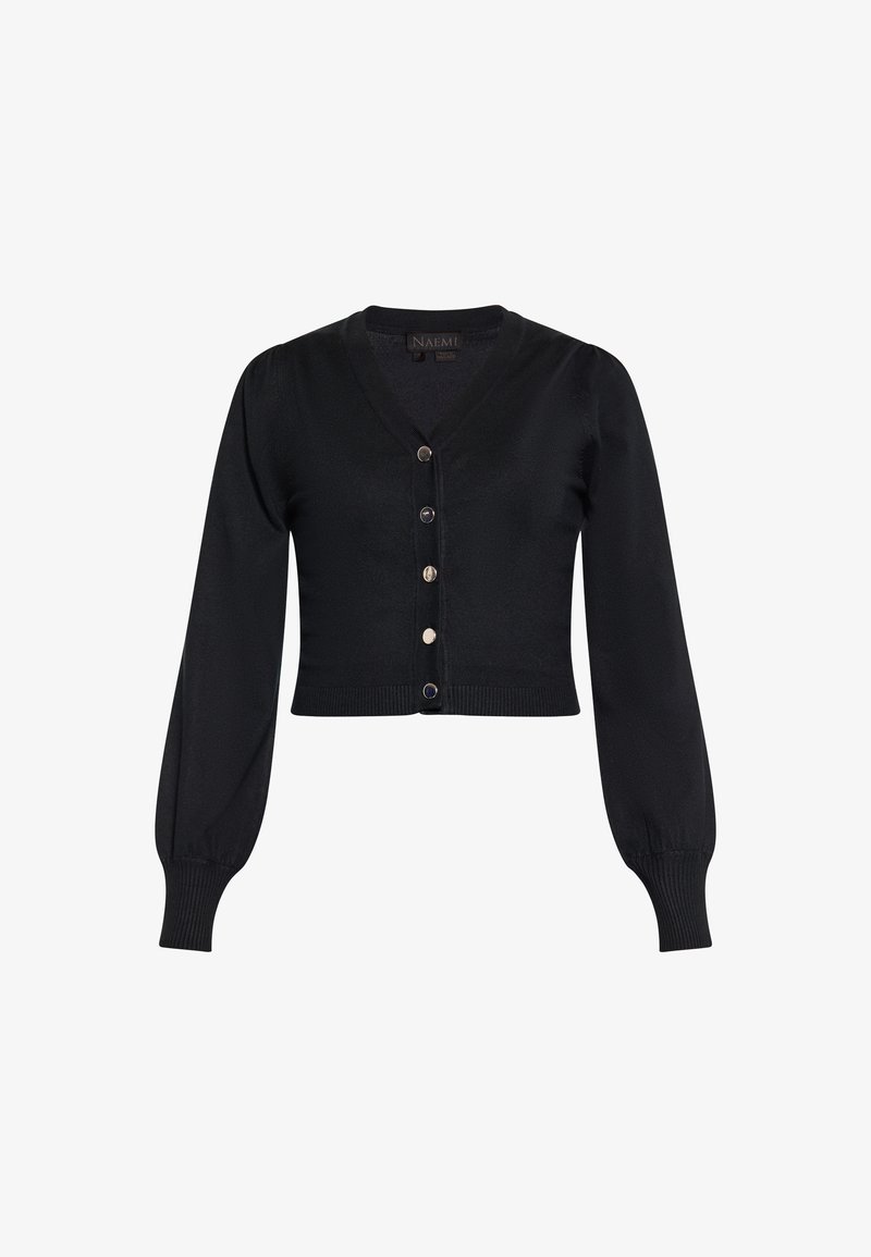 Cardigan corto nero con scollo a V, maniche a sbuffo lunghe e cinque bottoni metallici sul davanti. Polsini e orlo a costine. Tessuto morbido.
