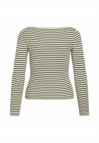 Pull côtelé de couleur crème avec de fines rayures horizontales noires et des manches longues, vu de dos.