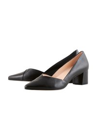 Black leather block-heeled pumps with a pointed toe and cutout design on the sides. Smooth surface with a mid-height heel.