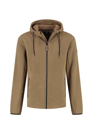 Veste à capuche en tissu marron texturé, avec une fermeture éclair à l'avant, deux poches latérales et des finitions noires contrastantes sur la fermeture éclair et les poignets.