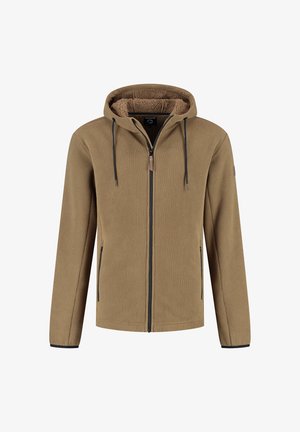 Hooded jack in gestructureerde bruine stof, met een frontzipper, twee zijzakken en contrasterende zwarte bies langs de rits en manchetten.