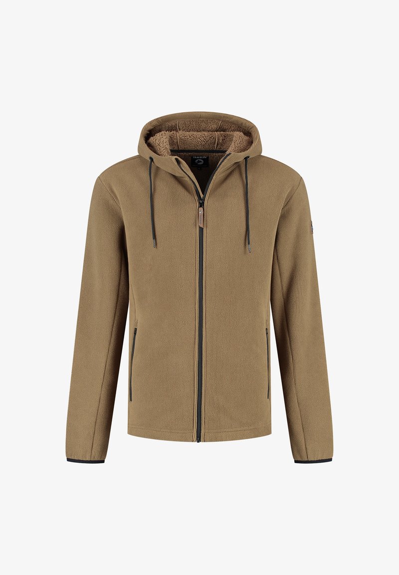 Hooded jack in gestructureerde bruine stof, met een frontzipper, twee zijzakken en contrasterende zwarte bies langs de rits en manchetten.