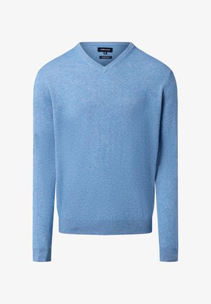 Light blue v-neck sweater with long sleeves, made of soft knit fabric. Features ribbed cuffs and hem, offering a relaxed fit.