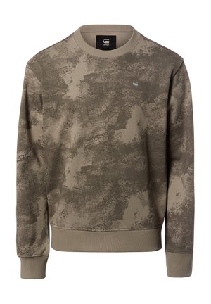 Beige en bruin gemêleerde crewneck sweatshir met geribbelde manchetten en zoom, klein logo op de linkerborst.