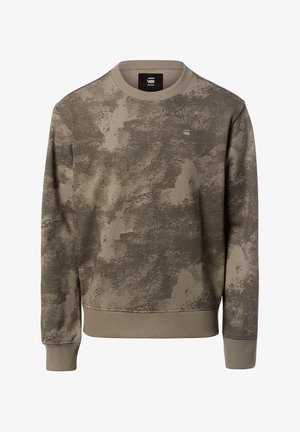 Beige and brown mottled crewneck sweatshirt with ribbed cuffs and hem, small logo on left chest.